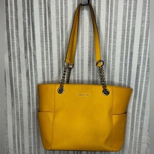 Calvin Klein Yellow Leather Saffiano Tote Bag Gold Chain Strap Work Bag